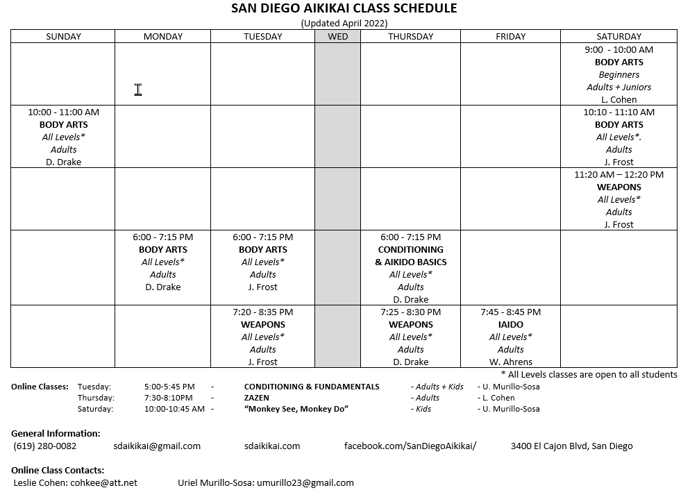 visual image of san diego aikikai's weekly schedule