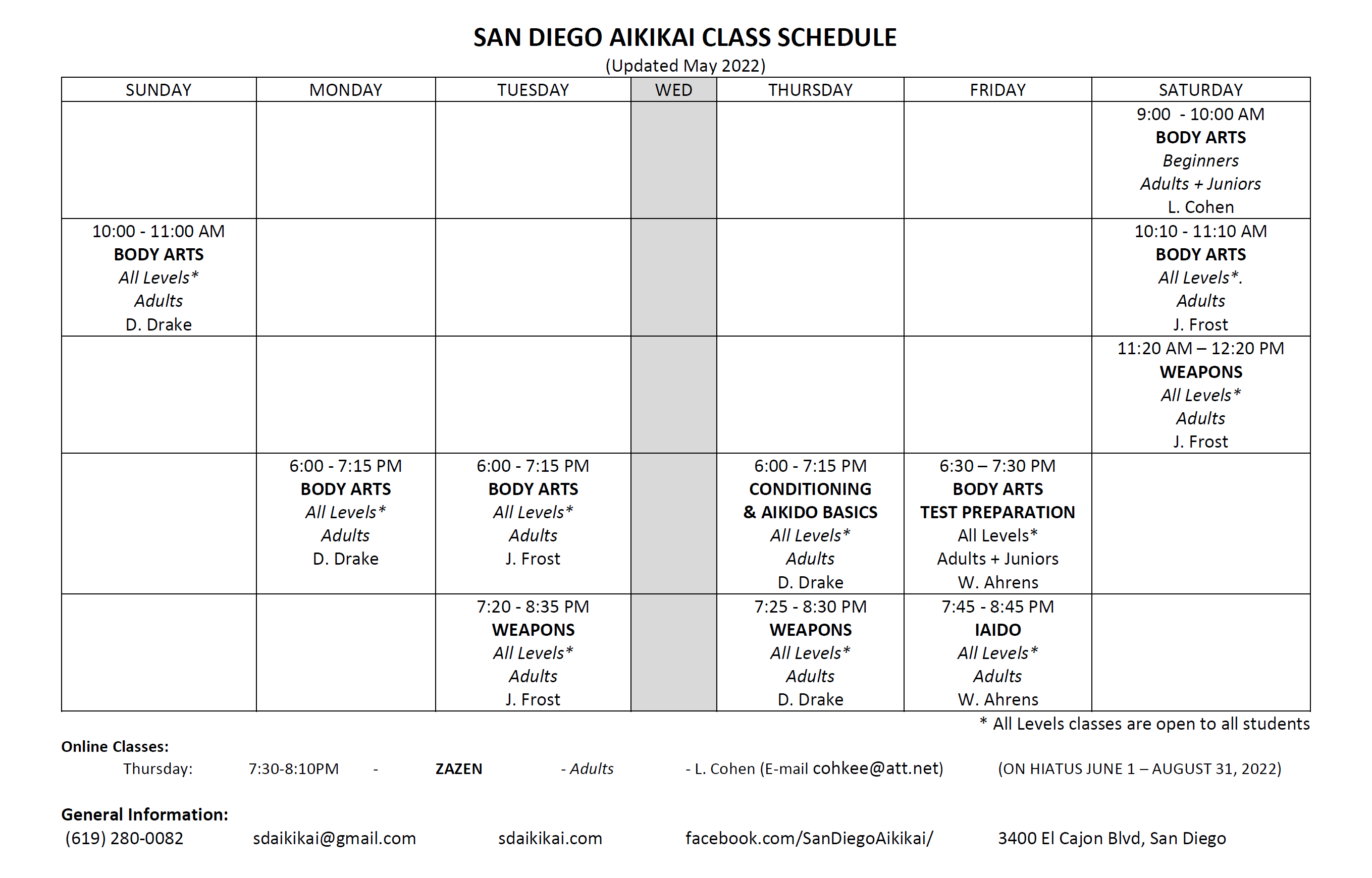 visual image of san diego aikikai's weekly schedule